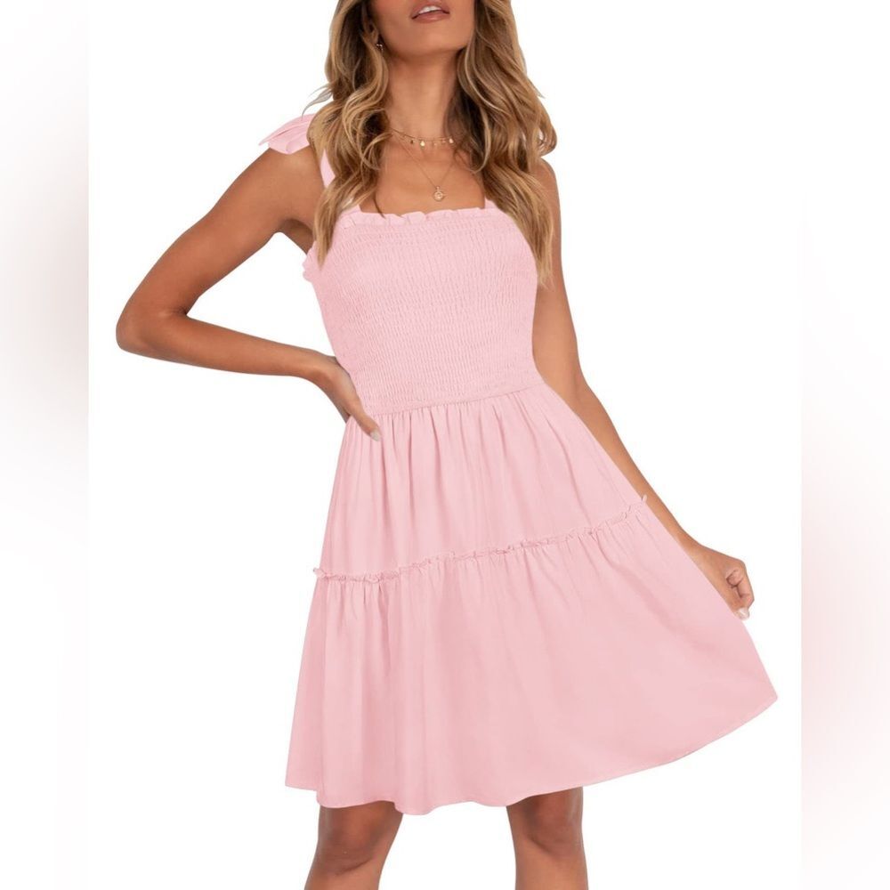 ZESICA size medium SPAGHETTI STRAP bow tie RUFFLE SWING smocked MINI DRESS